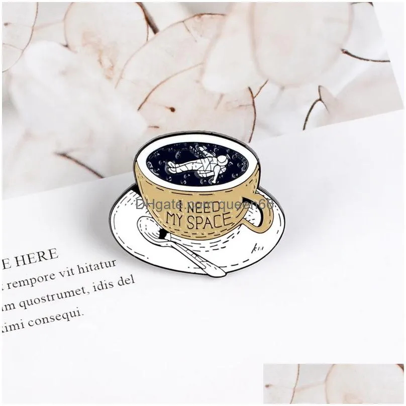 coffee cup enamel pins brooches for women astronaut bathing floating space badge exploring adventure space lapel pin jewelry shirt bag