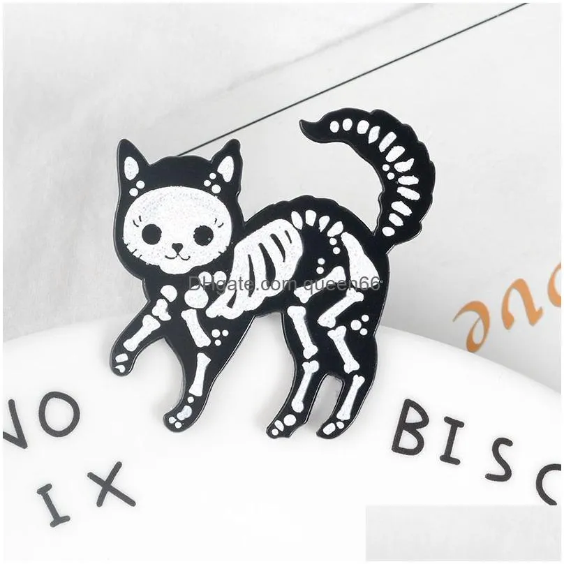 cat skeleton enamel pins punk glitter dark cat badge brooch bag clothes lapel pin funny animal jewelry gift for friends