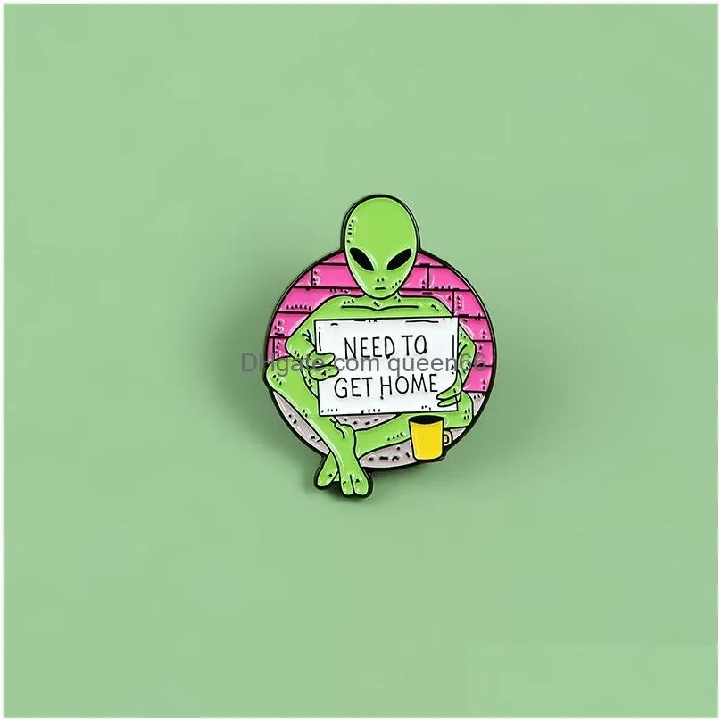 alien green enamel pin brooches for women coffee cup badge hand holding paper need to get home lapel pin clothes backpack jewelry