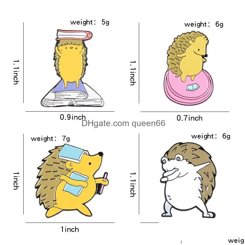 cute hedgehog enamel pins love reading hip hop animal badge brooches for women wholesale weighing cartoon lapel pin shirt bag jewelry