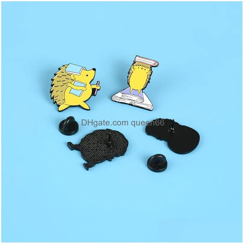 cute hedgehog enamel pins love reading hip hop animal badge brooches for women wholesale weighing cartoon lapel pin shirt bag jewelry