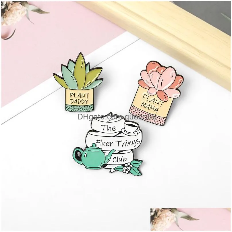 creative cartoon cute character plants enamel pins pink green teapot daddy mom cactus brooches gift for friend lapel pins clothes bag