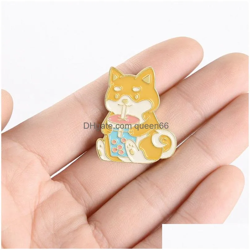 dog animal enamel pins brooches women cute akita dog badge drinking milk tea cartoon lapel pin clothes backpack jewelry gift for