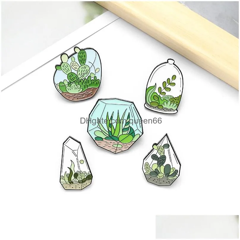creative cartoon green plants enamel pins green cute glass cactus seaweed for friends gift lapel pin clothes bags