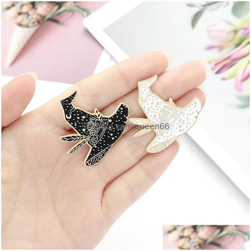 witch magic hats enamel pins black white halloween unique design feather starry sky flowers brooches gift for party dercoration