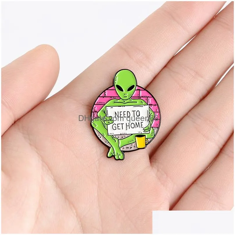 alien green enamel pin brooches for women coffee cup badge hand holding paper need to get home lapel pin clothes backpack jewelry