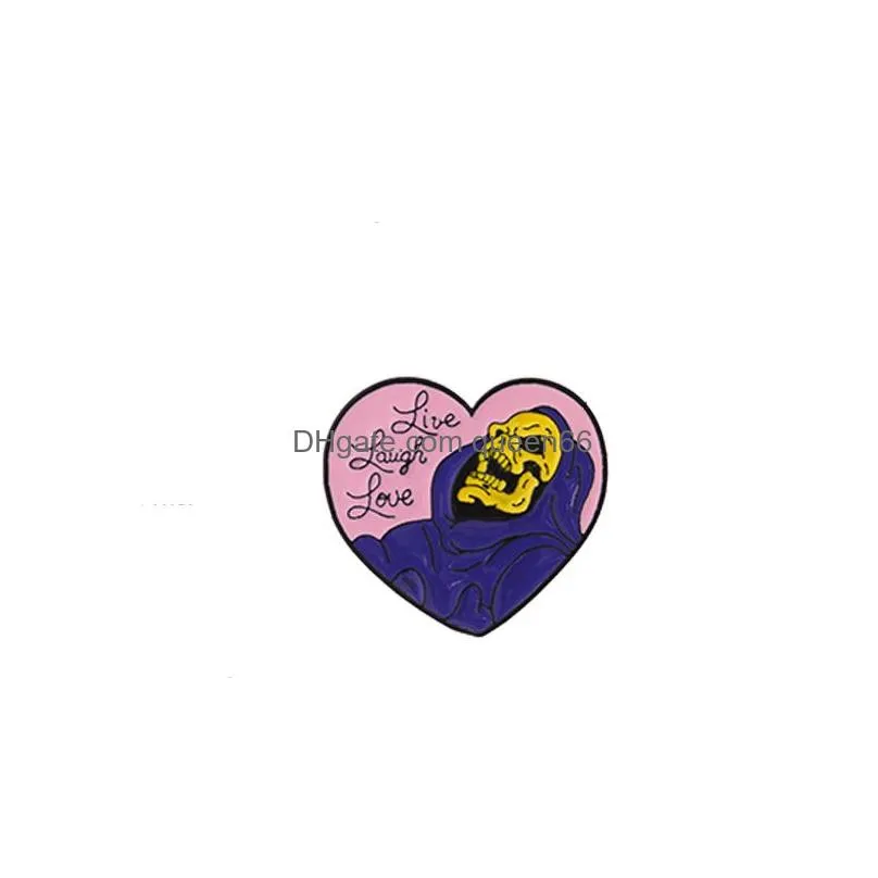 live laugh love enamel pins heart shape skeleton badge brooch lapel pin for denim jeans shirt bag gothic jewelry gift for friend