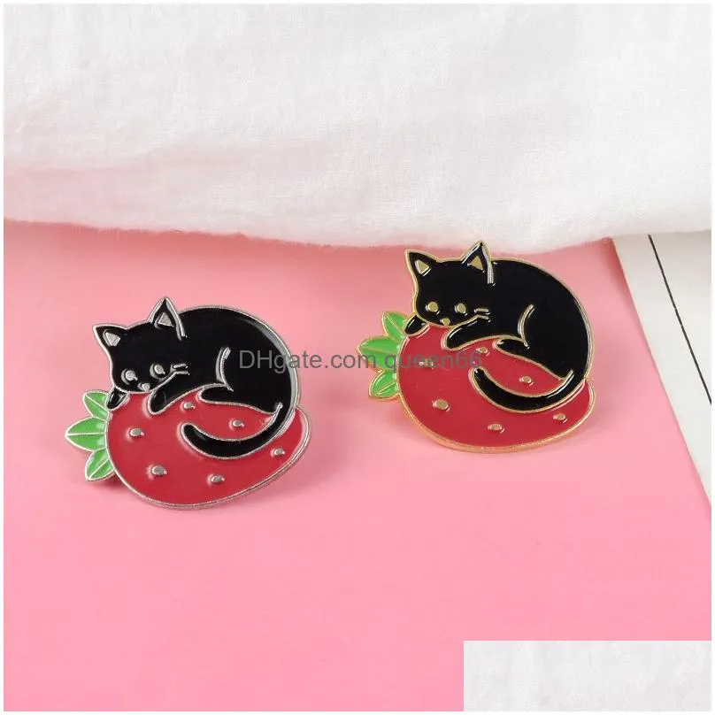 gold silver cats enamel pin fruit berry badge brooch bag clothes lapel pin cartoon animal jewelry gift for cat fans kids