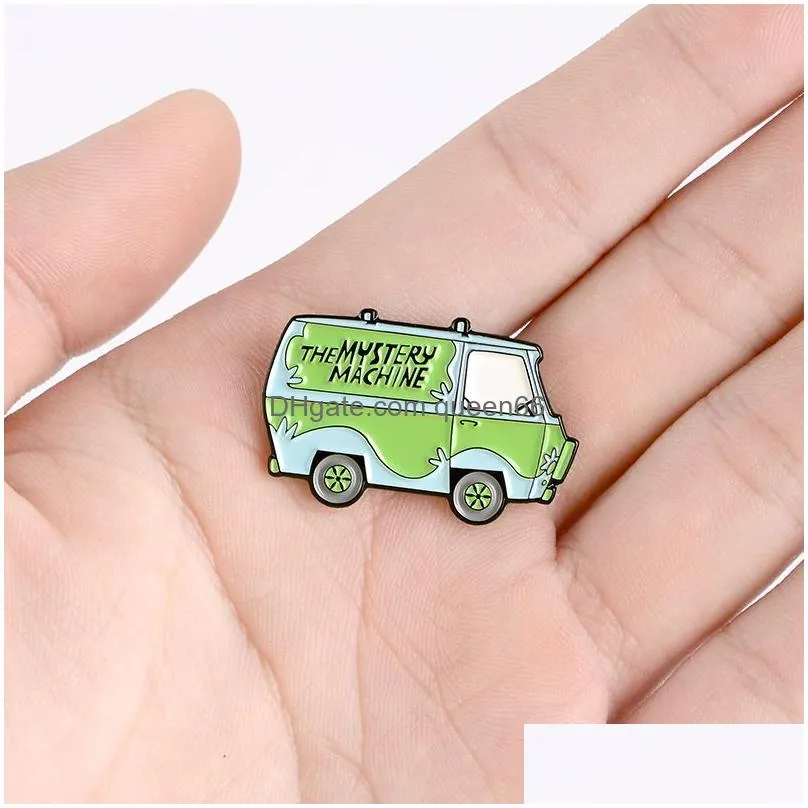 magical green car enamel pins the mystery machine badges solve trouble brooches for women backpack bag lapel pin cartoon cute jewelry