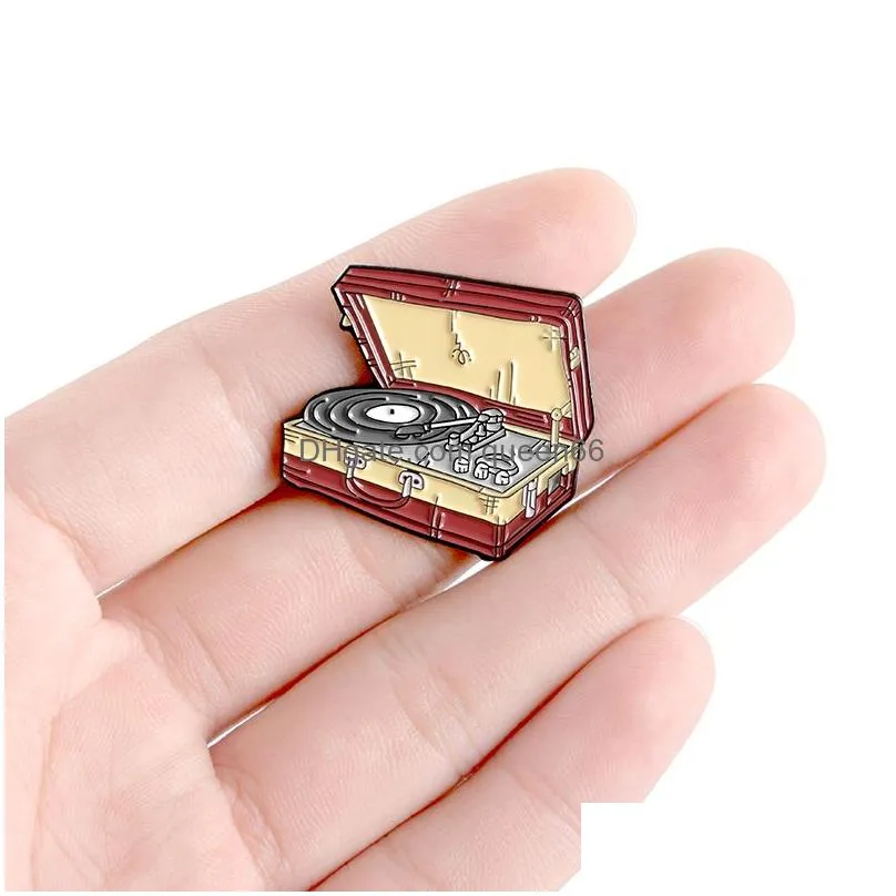suitcase enamel pin record player travel no longer boring badge brooches for women shirt bag lapel pin red yellow vintage collectors