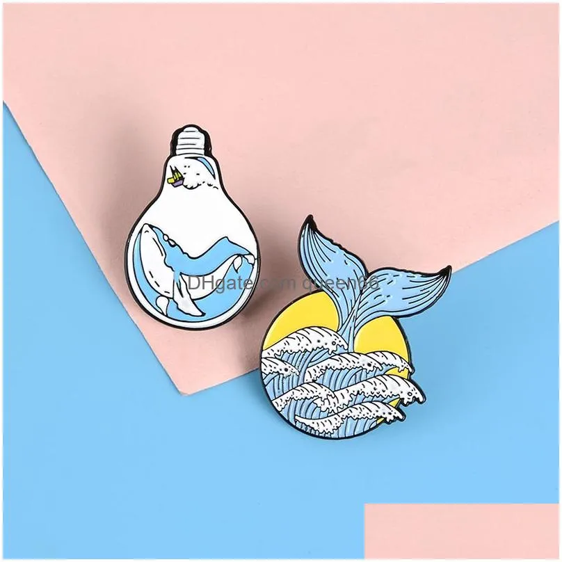 trapped in light bulb whale enamel pin brooches for women beautiful whale tail wave lapel pins badges clothes backpack shirt jewelry