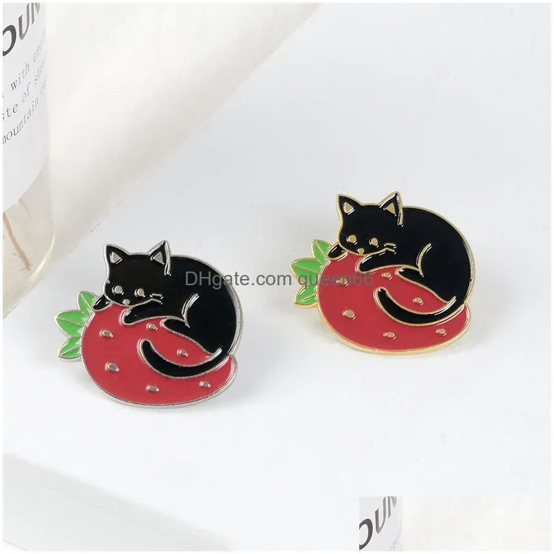 gold silver cats enamel pin fruit berry badge brooch bag clothes lapel pin cartoon animal jewelry gift for cat fans kids