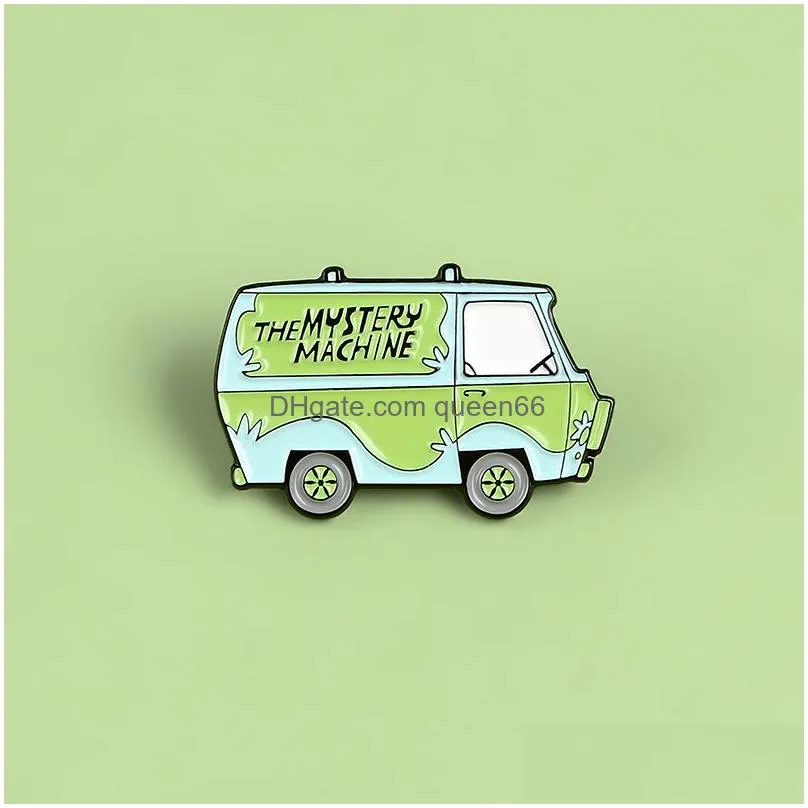 magical green car enamel pins the mystery machine badges solve trouble brooches for women backpack bag lapel pin cartoon cute jewelry