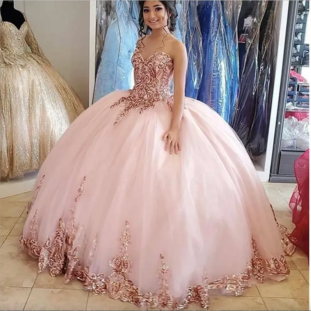 Pink Quinceanera Dresses 2023 with Sparkly Rose Gold Sequins Sweetheart Neckline Custom Made Princess Sweet 16 Pageant Ball Gown Formal Wear vestidos