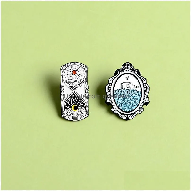 magic mirror enamel pins simple sun and moon hourglass time passed badge brooches shirt jackets bag lapel pin jewelry friends gift