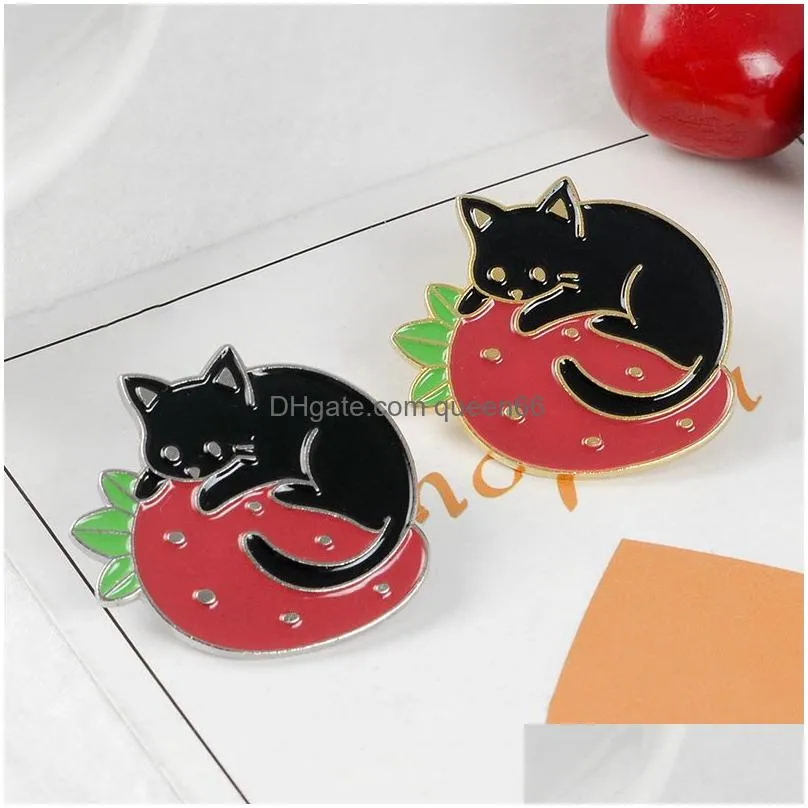 gold silver cats enamel pin fruit berry badge brooch bag clothes lapel pin cartoon animal jewelry gift for cat fans kids