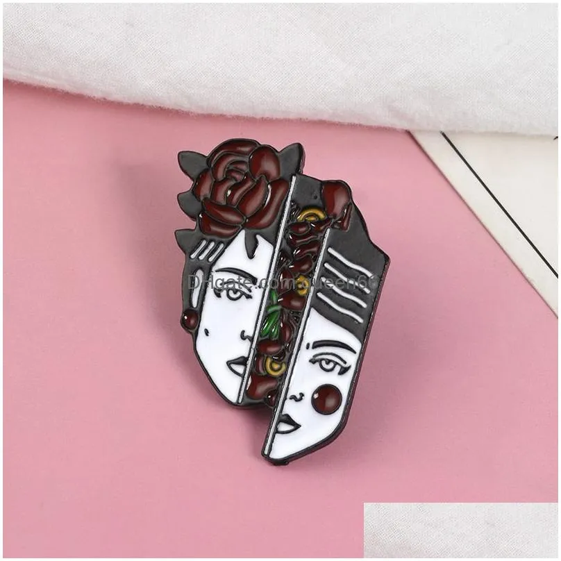 divided woman head enamel pin flowers badge brooch bag clothes lapel pin cool punk jewelry gift for friends