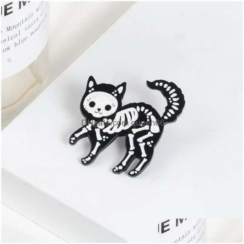 cat skeleton enamel pins punk glitter dark cat badge brooch bag clothes lapel pin funny animal jewelry gift for friends