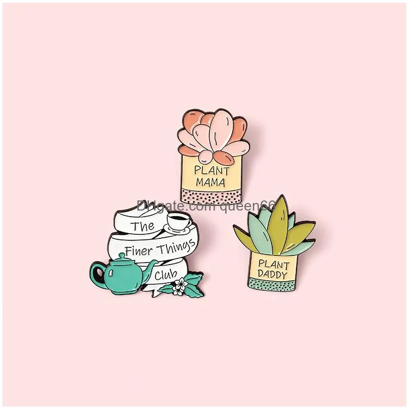 creative cartoon cute character plants enamel pins pink green teapot daddy mom cactus brooches gift for friend lapel pins clothes bag