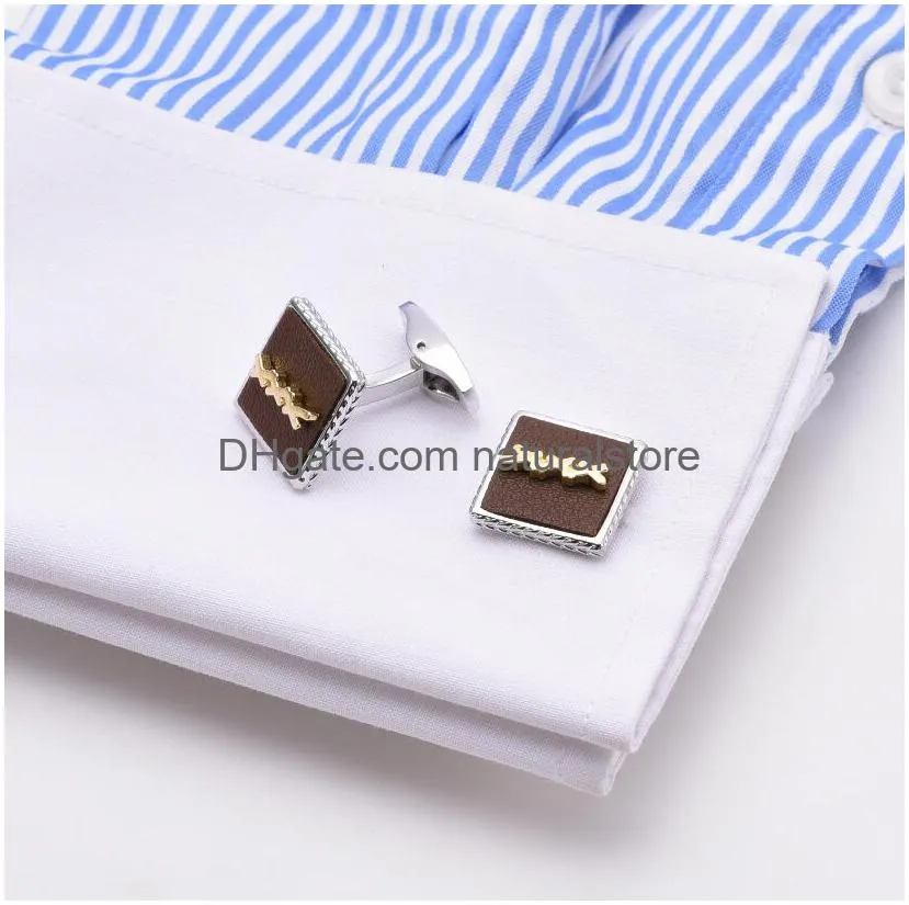 3dlogo genuine leather in gold and silver dual colorclassic cuff link fashion jewelry men cuff links french shirt accessories wedding gifts cufflinks