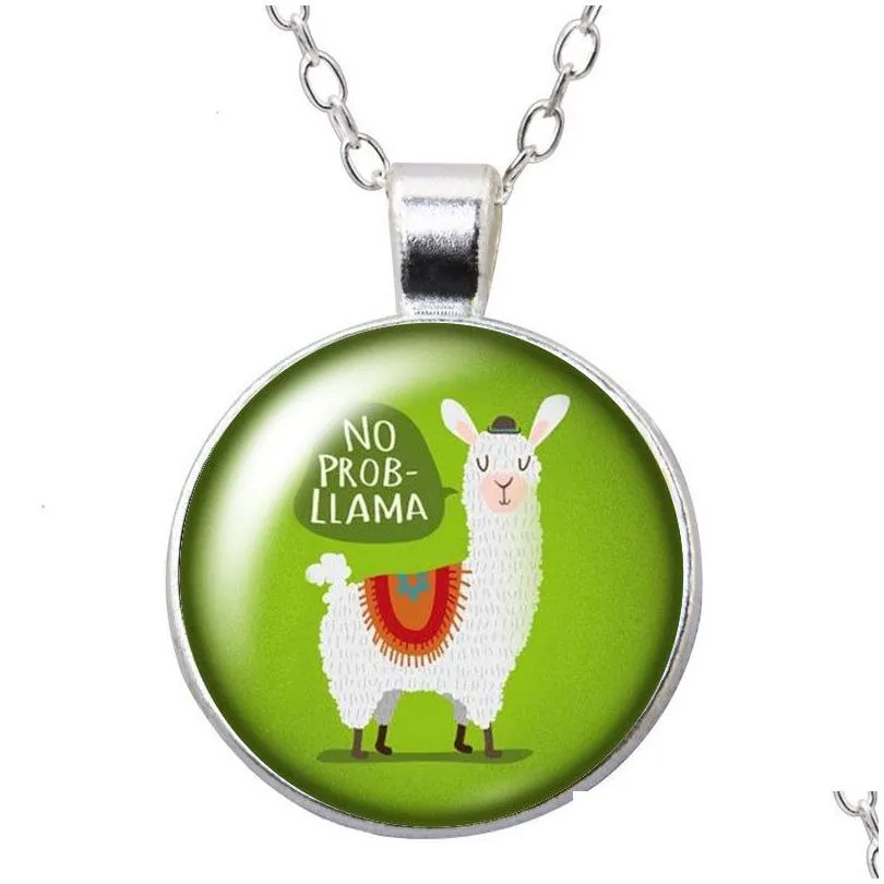 cute alpaca no drama llama round pendant necklace 25mm glass cabochon silver color jewelry women party birthday gift 50cm