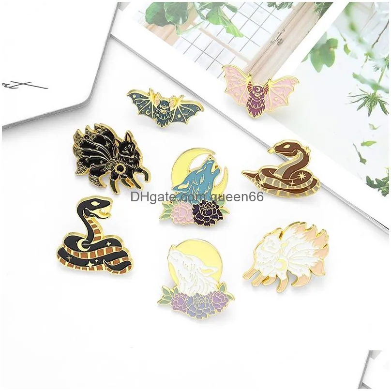 magic fantasy animals enamel pins colors nine tailed fox wolf bat snake brooches for lover gift