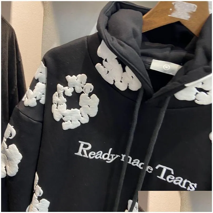 real pics 3d foam printing hoodie men women fleece to keep warm embroidered letters vintage sweatshirts pullover grey black