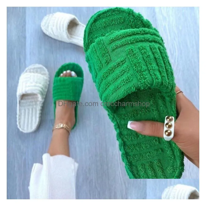 2022 green winter brand women slipper fashion fur slides high quality soft sole comfort open toe house flip flops
