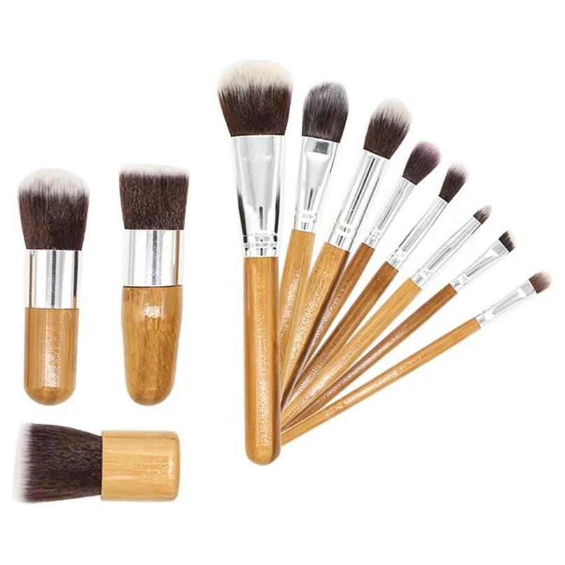 11pcs bamboo makeup brushes set with cloth bag face foundation brush powder blusher eye shadow brush sets