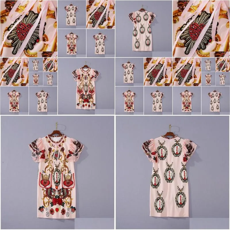 european and american womens wear 2020 summer new style short-sleeved palace print fashionable embroidered beaded dress