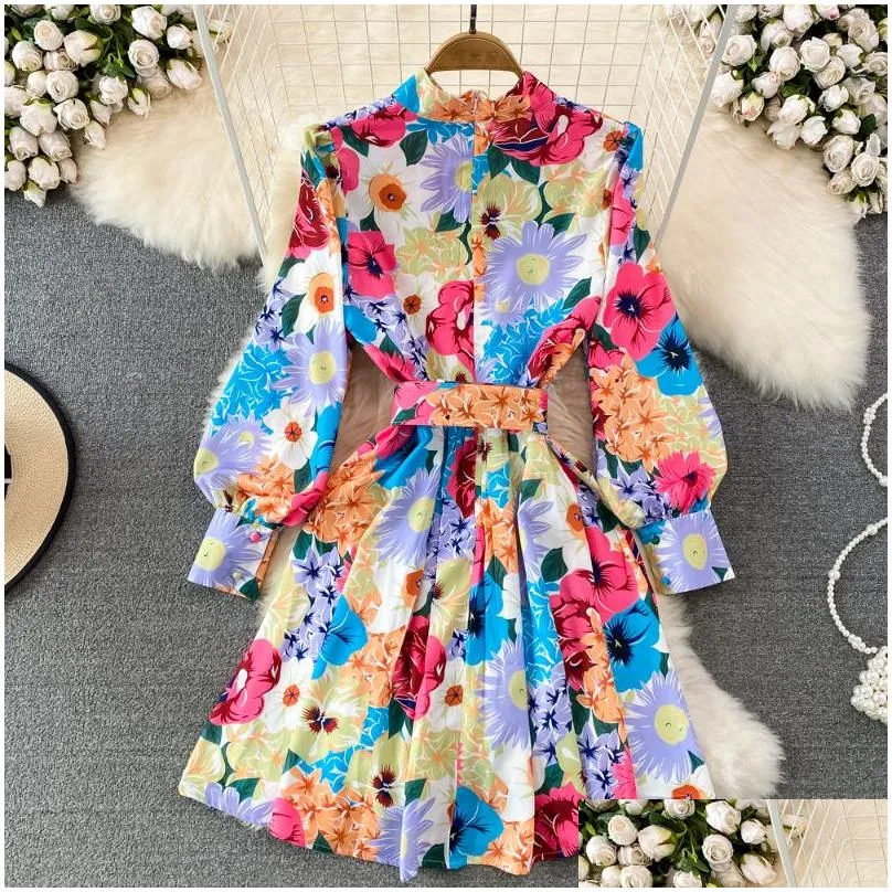 summer runway designer boho mini dress womens lapel lantern sleeve single breasted floral print belt holiday beach dress 2023