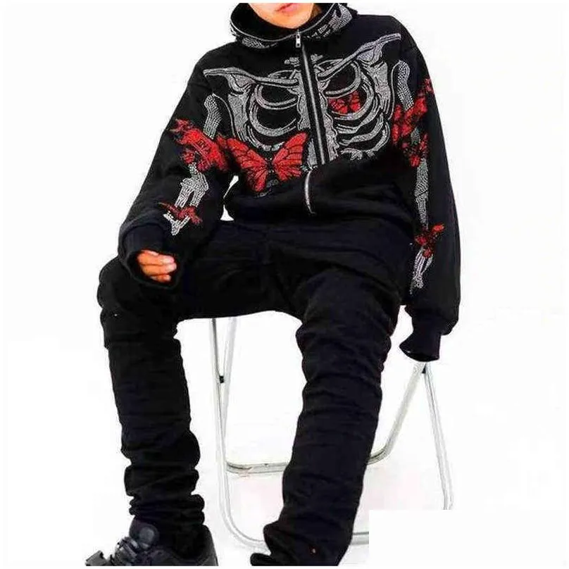 zip hoodie men y2k clothes hoodie fashion hoodies goth rhinestones butterfly skeleton print long sleeve sweatshirt oversized top