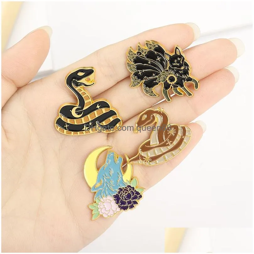 magic fantasy animals enamel pins colors nine tailed fox wolf bat snake brooches for lover gift