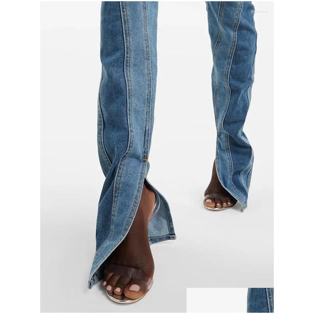 fashion women jeans slim deconstruct panelledwork high waist split blue long denim pants autumn