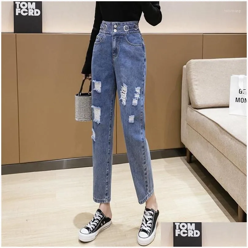 womens jeans fashion vintage hole style y2k women street indie loose straight pants high waist 2023 spring autumn ankle-length pant