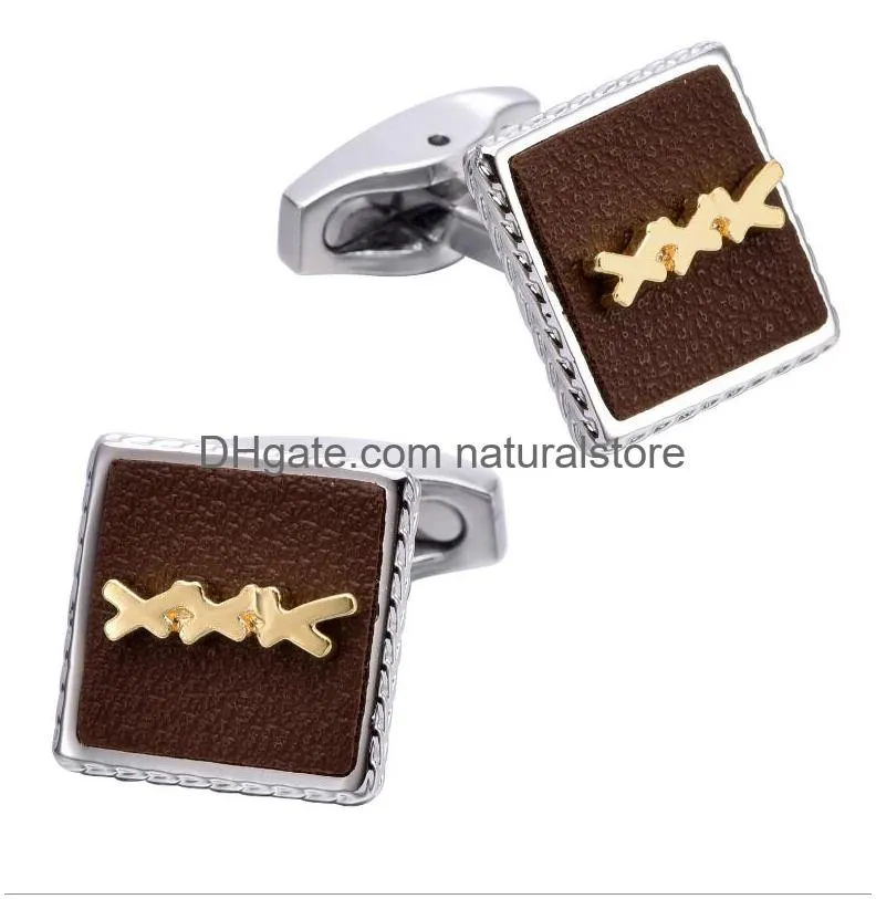 3dlogo genuine leather in gold and silver dual colorclassic cuff link fashion jewelry men cuff links french shirt accessories wedding gifts cufflinks