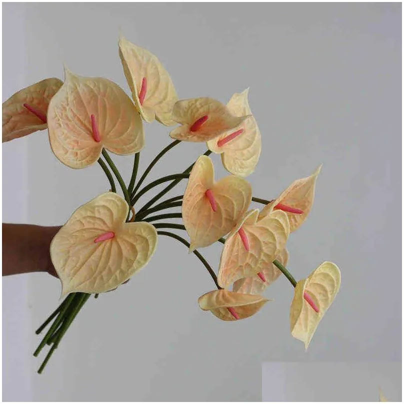 faux floral greenery 4 pieces real touch artificial pu flowers anthurium christmas wedding home decor luxury fake plants orchid flowers accessories white