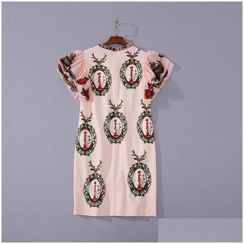 european and american womens wear 2020 summer new style short-sleeved palace print fashionable embroidered beaded dress