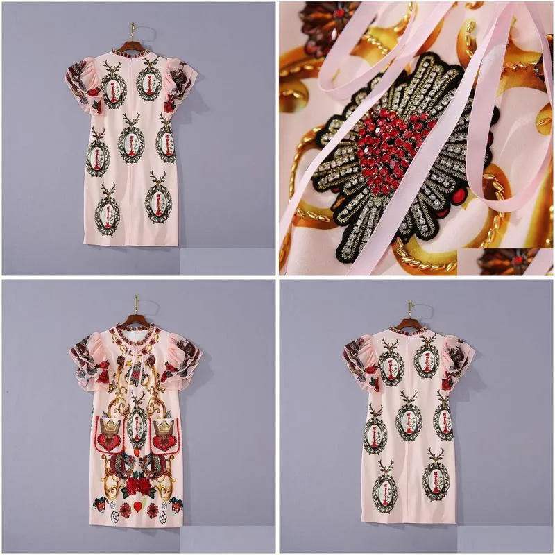 european and american womens wear 2020 summer new style short-sleeved palace print fashionable embroidered beaded dress