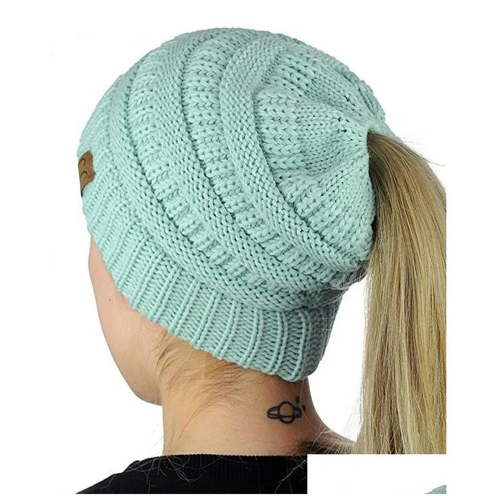 cc ponytail beanie hat 8 colors women cloghet knit cap winter skullies beanies warm caps female knitted stylish hats party favor