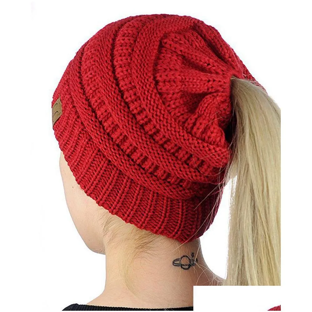 cc ponytail beanie hat 8 colors women cloghet knit cap winter skullies beanies warm caps female knitted stylish hats party favor