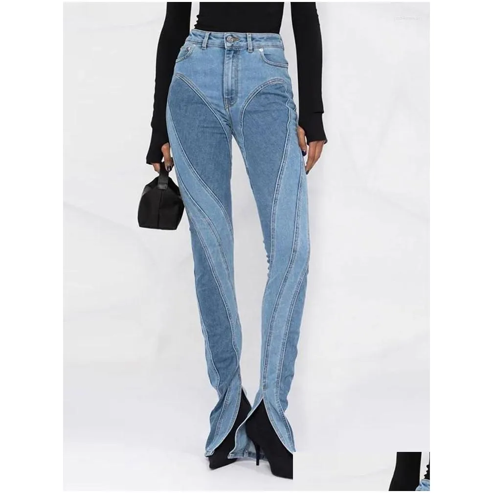 fashion women jeans slim deconstruct panelledwork high waist split blue long denim pants autumn