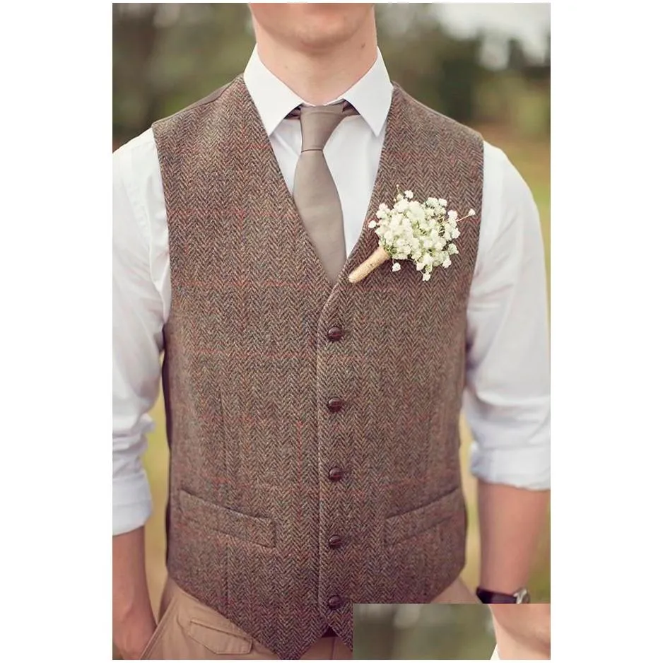 country brown groom vests for wedding wool herringbone tweed custom made slim fit mens suit vest farm prom dress waistcoat plus size