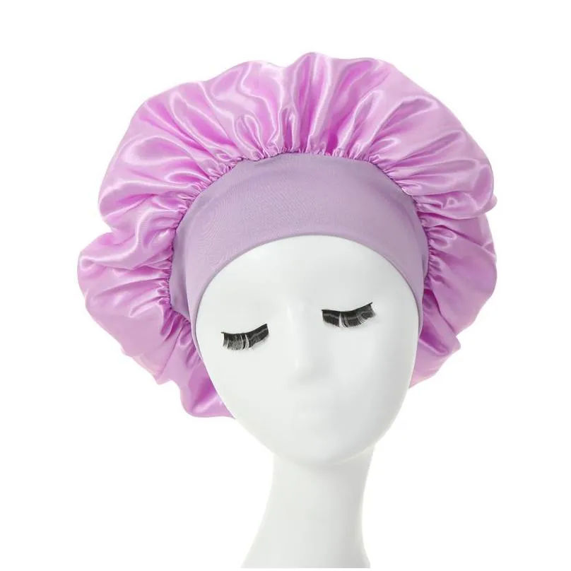 solid color satin wide band elastic night hat women headwear sleep caps bonnet hair care fashion accessories