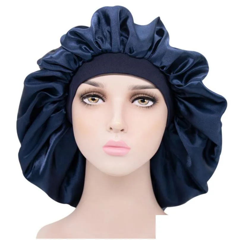 solid color wide band large satin bonnet sleep caps women hair care night hat headwear fashion accessories