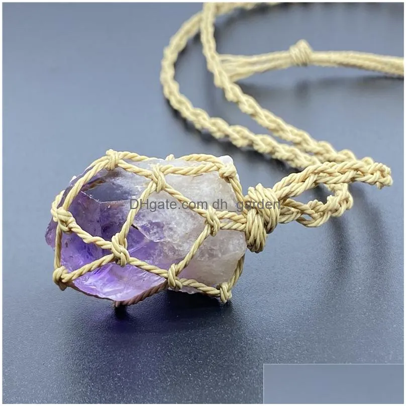 natural amethyst topaz green fluorite raw stone pendant woven net stretchable adjustment rope necklace for women men