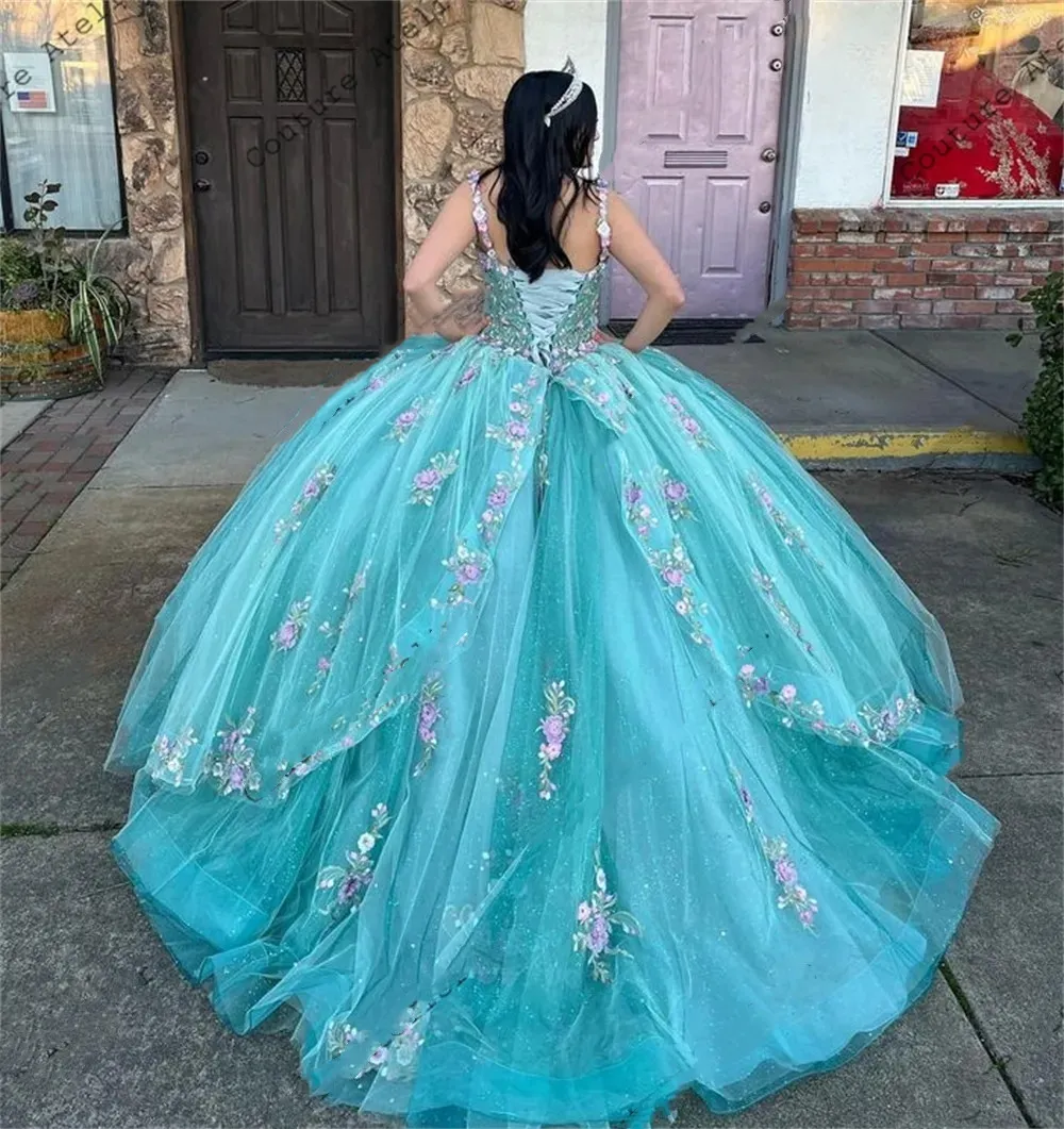 Pink Flowers Lack Blue Spaghetti Quinceanera Dresses Sweet 16 Dresses Ball Gown Princess Birthday Gowns Lace Up vestidos de bal