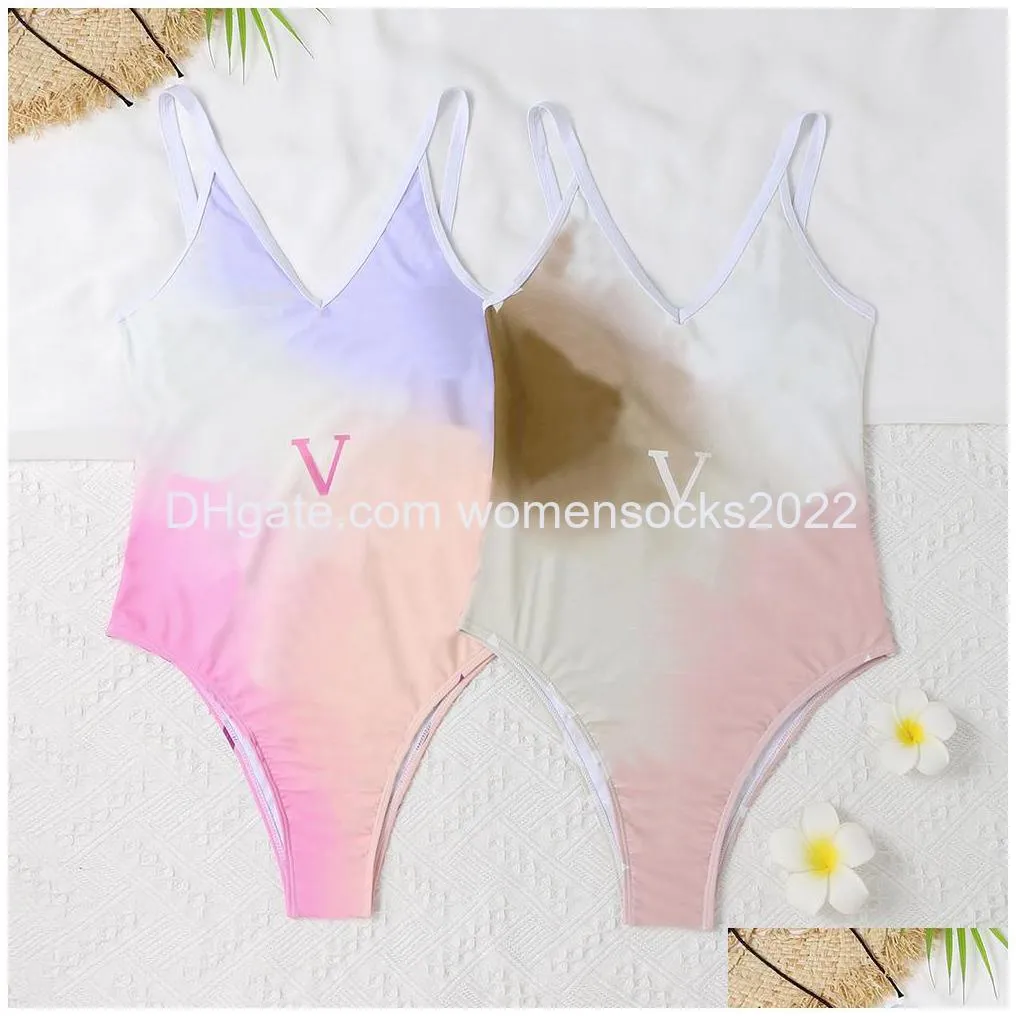  style gradient letters swimsuit metal buckle split swimwear summer beach holiday bathing suit women back hollow out beachwear