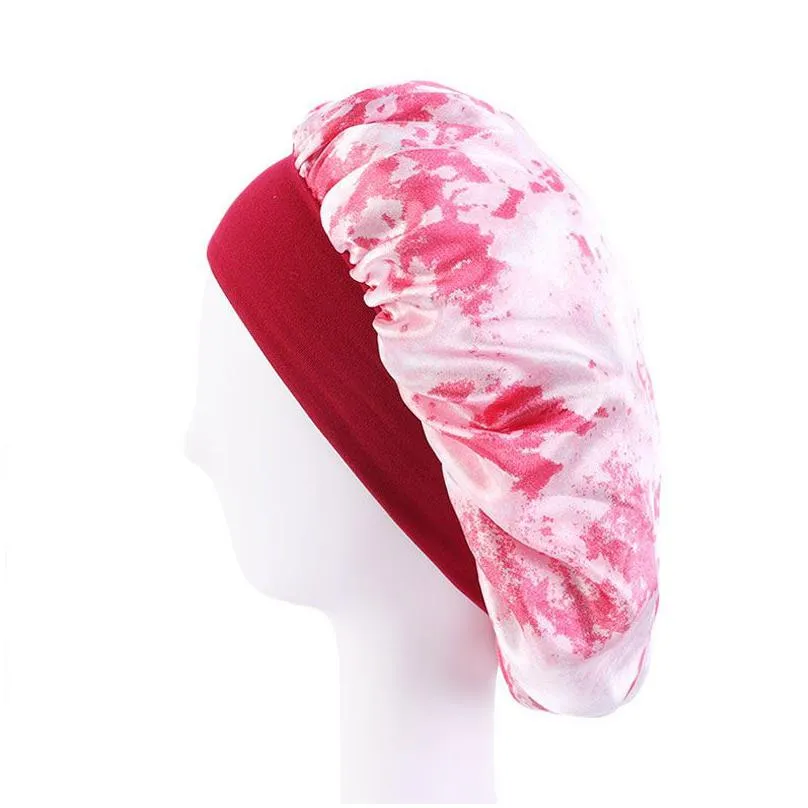 soft satin wide band print night hat for women girl elastic sleep caps headwear home hair care fashion accessories