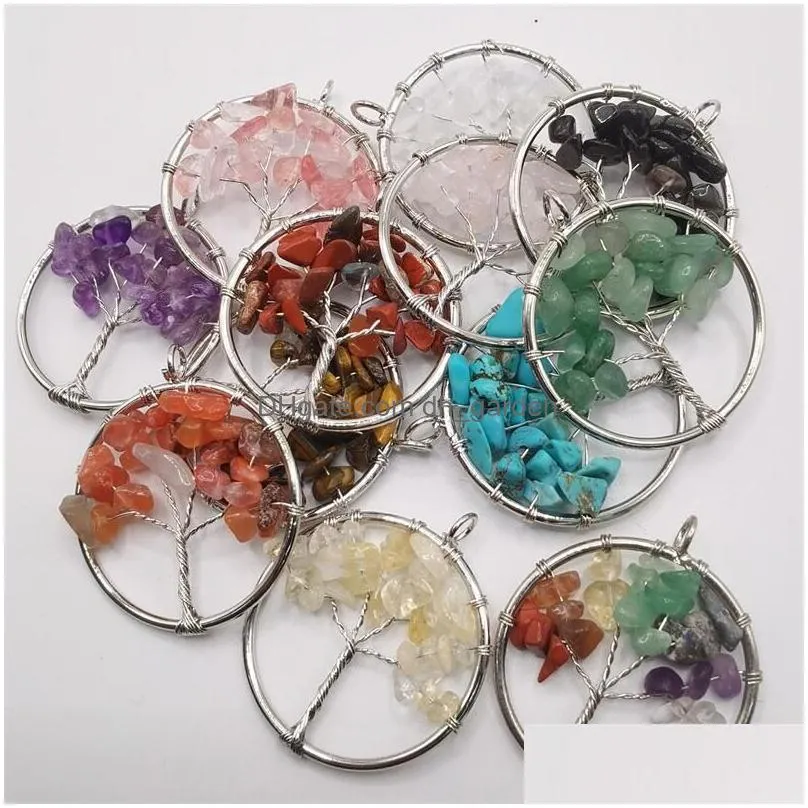 100pcs natural wire wrap tree of life healing chip stone crystal pendant 7 chakra stone pendant crystal necklace women men jewelry